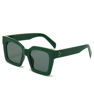 Retro dark green thick frame sunglasses with silver triple rivets and grey lenses