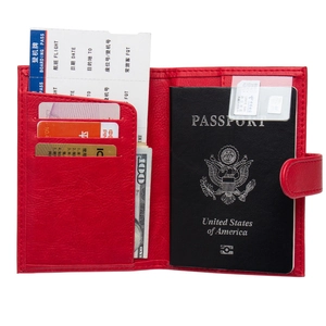 Red PU leather passport holder with buckle, multi-card slots and boarding pass pocket