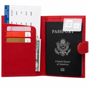 Red PU leather passport holder with buckle, multi-card slots and boarding pass pocket