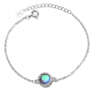 S925 silver bracelet featuring a minimalist aurora moonstone charm and crown detail