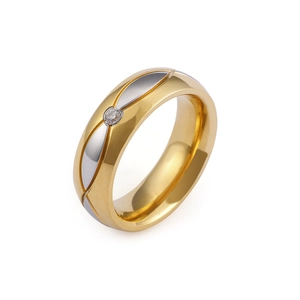 Anello bicolore in acciaio al titanio con placcatura oro-argento e zircone