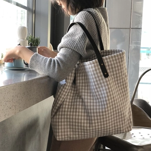 Gingham Plaid Tote Bag Cotton Linen Canvas Large Capacity Japanese Minimalist Shoulder Handbag With PU Leather Straps
