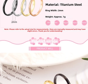 Detail view of 2mm titanium steel minimalist slim rings in gold, silver and rose gold