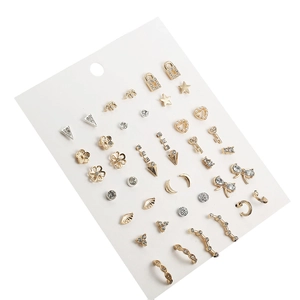 Set of C-shaped elephant and geometric earrings with pearls and rhinestones on white card
