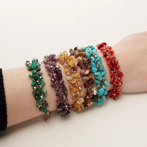 Bohemian multilayered natural crystal stone bracelets set with golden chain for women