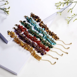 Set of 6 natural crystal stone chip bracelets with gold-plated chains and lobster clasps