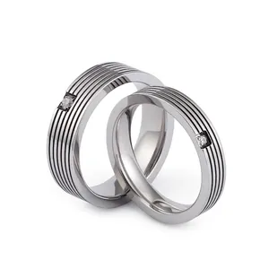 Minimalist Stainless Steel Ring Parallel Grooves Single Zircon Industrial Style Jewelry For Couples
