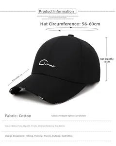 Detail view of cotton baseball cap showing 7cm brim, 11cm depth and fashion embroidery