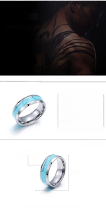 Detail view of tungsten steel ring with turquoise inlay showing 8mm width and 12g weight