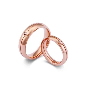 Minimalist Polished Rose Gold Titanium Steel Ring Cubic Zirconia Inlaid Groove Band For Couples Wedding Anniversary