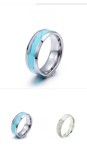 Macro view of men's tungsten ring showing turquoise inlay and polished beveled edges