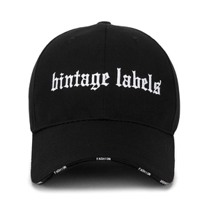 Classic black baseball cap featuring white gothic embroidery and printed visor details