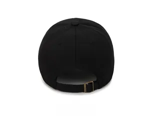 Rear view of black cotton baseball cap showing adjustable bronze metal buckle