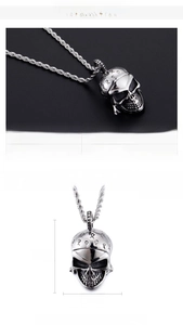 Macro view of stainless steel skull pendant with size specs of 42x22mm and rope chain