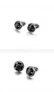 Detail view of 10mm vintage stainless steel stud earrings with black stone and 2g weight