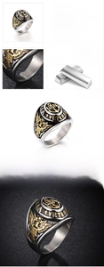 Macro shot of 23mm wide USN Veteran anchor ring in dual-tone gold and stainless steel