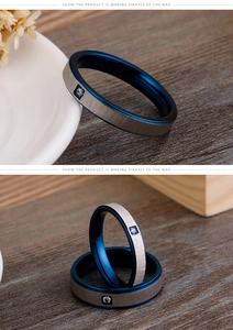 Detail of blue titanium steel ring with brushed grey finish and inlaid cubic zirconia
