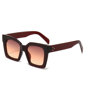 Retro oversized square PC sunglasses in dark red with gradient lenses and silver rivets