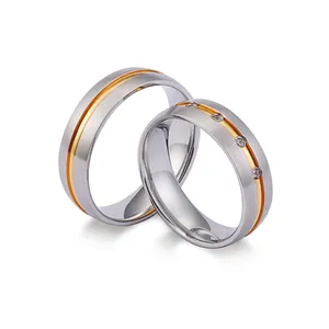 Modern Couple Ring Stainless Steel Two Tone Gold Silver Frosted Brushed Finish Cubic Zirconia Inlaid Jewelry Gift For Lover