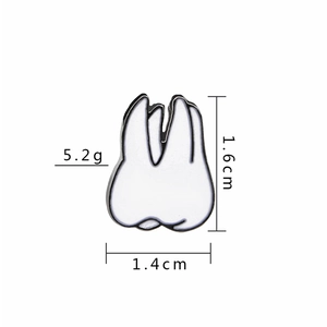 Cartoon tooth enamel pin detail showing dimensions 1.6cm x 1.4cm and weight 5.2g