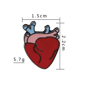 Detailed size and weight view of anatomical heart enamel pin in red and blue