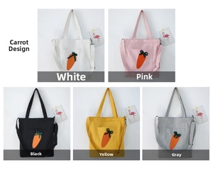 Detail view of canvas shoulder bags in five colors with cute carrot prints and bows