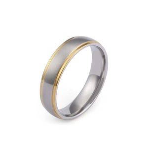 Brushed titanium steel ring for men with dual-tone silver and gold plated grooved finish