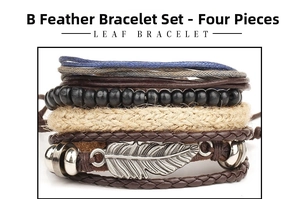 Detail of four-piece retro leaf bracelet set with woven leather and silver feather charm
