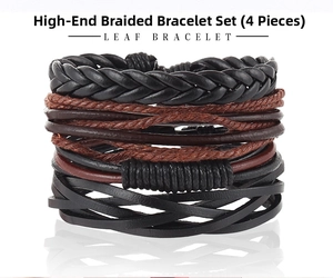 Detailed view of 4-piece vintage woven bracelet set featuring black and brown leather layers