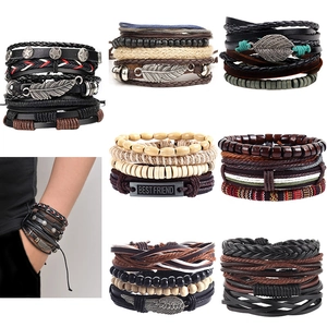 Braided Multilayer Bracelet Vintage Leather Hemp Rope Alloy Feather Leaf Beads Ethnic Bohemian Jewelry For Men Women