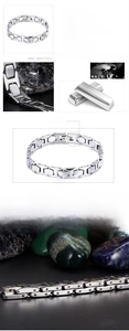 Detail view of silver tungsten steel men's link bracelet with polished industrial finish
