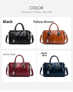 Detailed grid showing oily wax leather boston bags in black, brown, wine red and royal blue