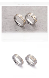 Detailed specs for 6mm and 7mm titanium steel rings with 18k gold plated curved grooves