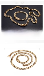 Detail showing 18K gold plated 13mm Cuban link necklace and bracelet set specifications