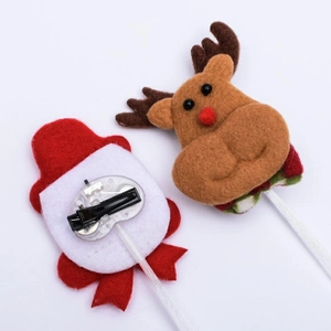 Detail of Christmas reindeer felt hair clips showing brown antlers and battery pack for light