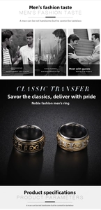 Macro shot of rotatable spinner ring for men with engraved religious mantra symbols