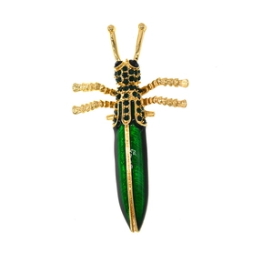 Vintage baroque grasshopper brooch in gold metal with green rhinestones and enamel