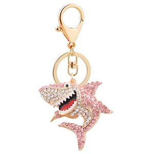 Sparkling shark keychain with pink rhinestones and gold lobster clasp for bags