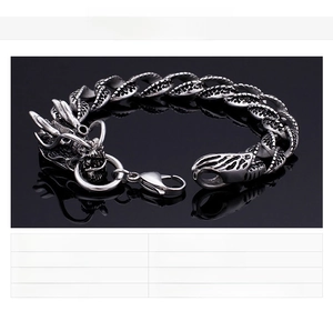 Macro detail of retro dragon head bracelet in polished stainless steel with cast texture
