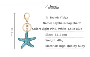 Detailed product specifications for the blue starfish keychain with size and material info
