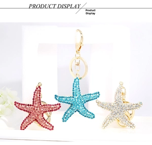 Detailed view of starfish keychains with rhinestones in blue, pink, and clear white