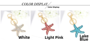 Starfish keychains with rhinestones in white, light pink, and lake blue for bags