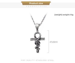Detail view of Gothic snake wrapped Ankh cross pendant with size 47x30mm specs