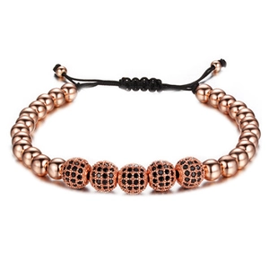 Handmade woven adjustable bead bracelet for men with micro-paved black zircon stones