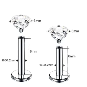 Stainless steel heart zircon labret studs with 6mm and 8mm bar length 16G dimensions
