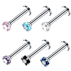 Set of 6 stainless steel square zircon labret studs in diverse vibrant colors