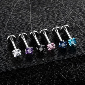Set of 6 square cubic zirconia labret studs in assorted colors on a black background