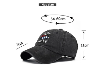 Detailed view of washed cotton baseball cap with Surf Wave embroidery and size dimensions