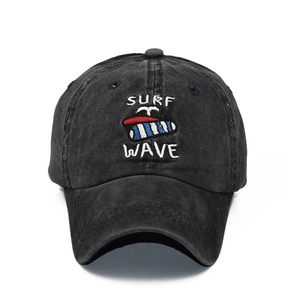 Vintage washed cotton baseball cap with SURF WAVE embroidery and curved brim in black