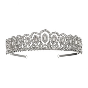 Detailed view of silver bridal crown featuring sparkling rhinestones and elegant geometric arches